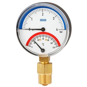 100.0x termomanometer za merjenje tlaka in temperature, nameščen neposredno na merilno mesto. 0 … 16 barov, 0 °C ... 150 °C, različne verzije.