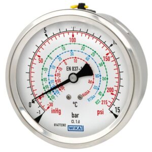 112.28 manometer z bourdonovo cevjo za hladilno tehniko WIKA se uporablja pri merjenju tlaka plinskih in tekočih medijev.