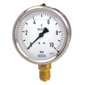 213.53 manometer z Bourdonovo cevjo, napolnjen s tekočino je izdelan z ohišjem iz nerjavečega jekla in navlaženimi deli iz bakrene zlitine.