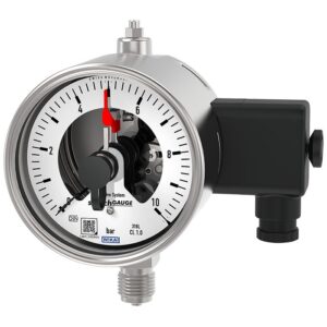 PGS23.100 Bourdonov manometer s preklopnimi kontakti izdelan v skladu s standardom DIN 16085 in izpolnjuje vse zahteve ustreznih standardov (EN 837-1).