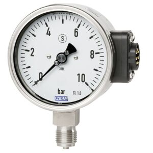 PGU2x.100 bourdonov manometer za indikacije na kraju samem in spletno daljinsko spremljanje procesnega tlaka. Ustreza standardu EN 837-1, Ex