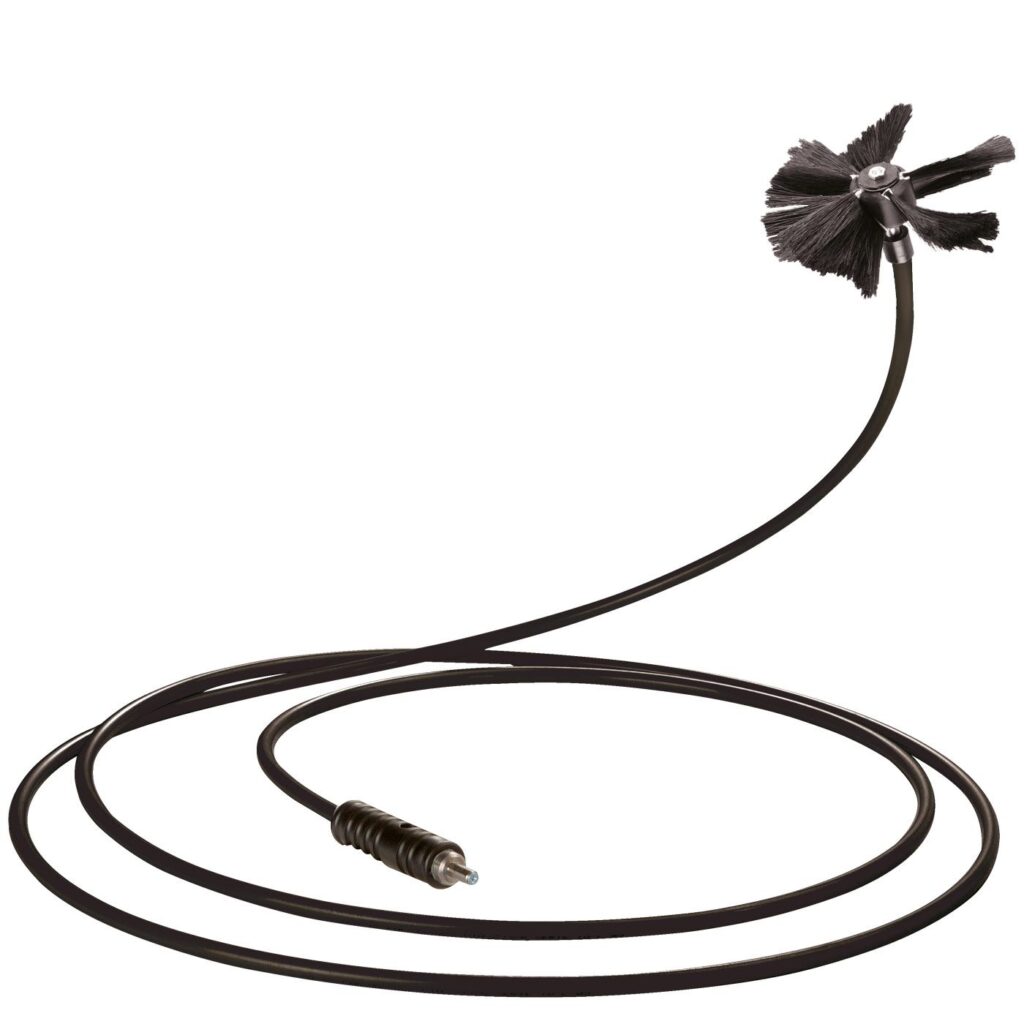 Rotacijska ščetka VIPER navoj M5 primerna za čiščenje priključnih cevi (Ø 80-100 mm / 3–4 palce) ter sistemov in peči na pelete s koleni pod kotom 90°.