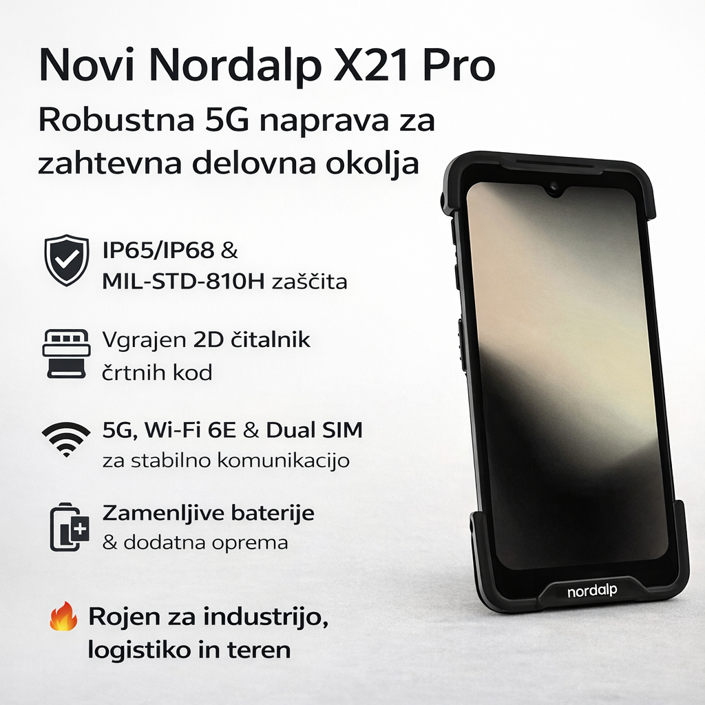Nordalp X21 Pro je robusten 5G Android terminal z IP68 zaščito, MIL-STD-810H odpornostjo in zamenljivo baterijo za zahtevna terenska okolja.