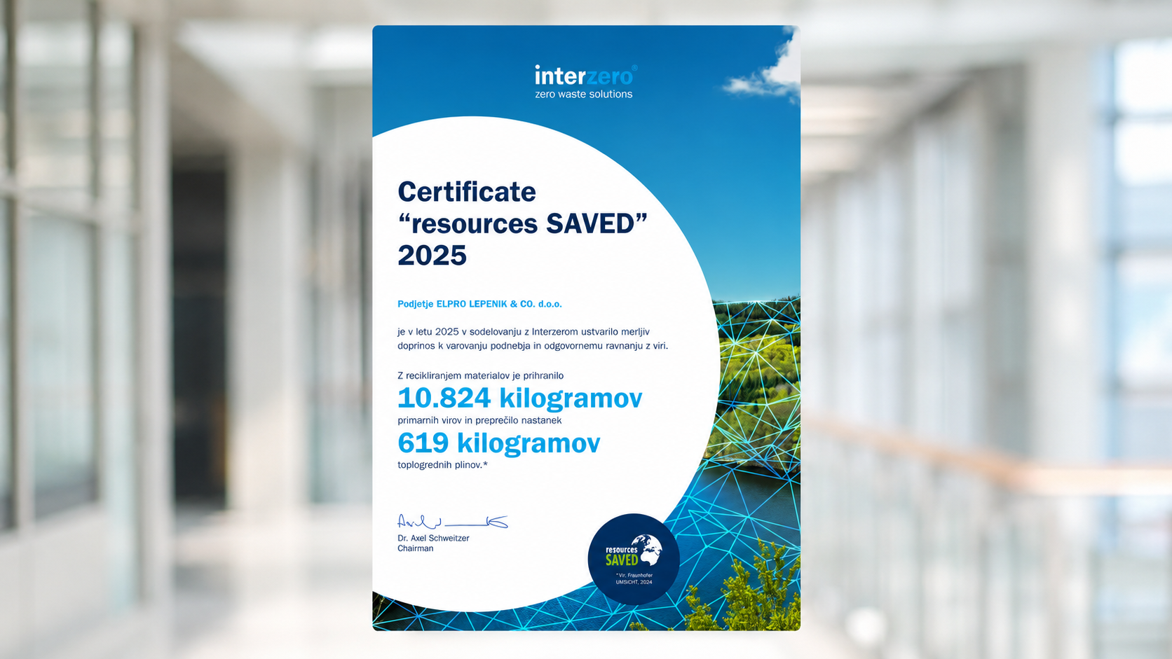 ELPRO LEPENIK je prejel certifikat Resources Saved 2025 za prispevek k recikliranju, zmanjševanju emisij in odgovornemu ravnanju z viri.
