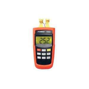 HH801B je univerzalni dvokanalni digitalni termometer za termočlene J, K, T in E, z alarmi, T1-T2 funkcijo in tremi hkratnimi prikazi.